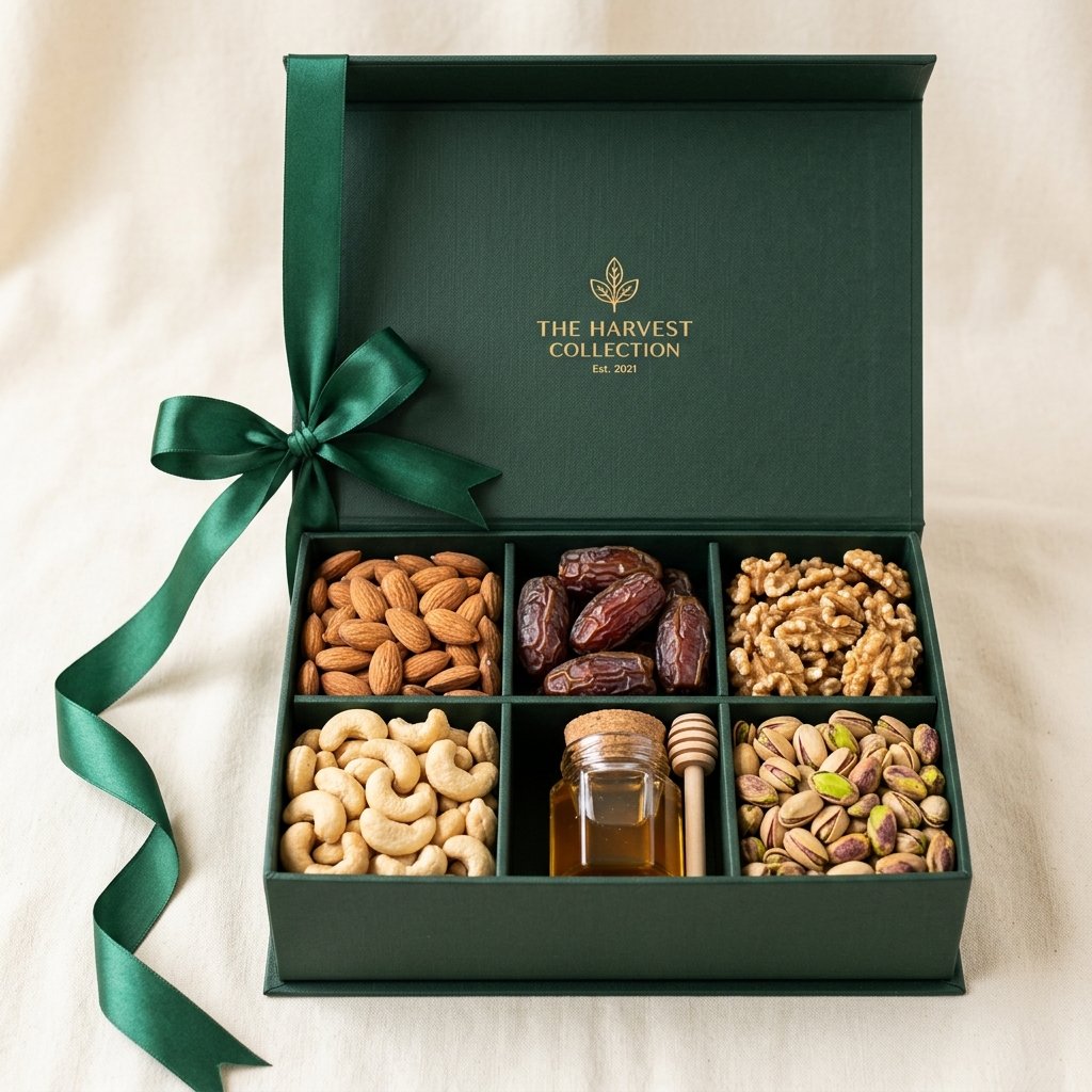 6 Piece Gift Box with 6 compartments of dry fruits and honey jar with ribbon
